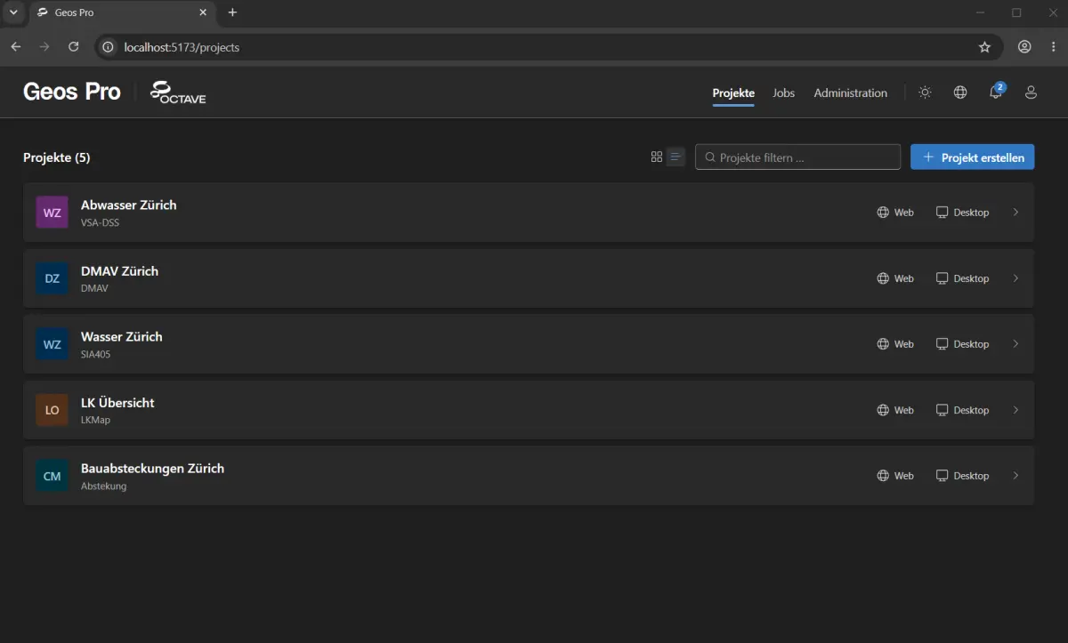 Screenshot der Projektübersicht in Geos Pro NextGen